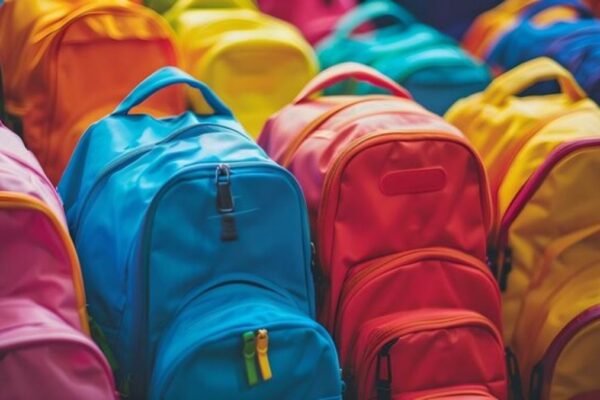 colorful backpacks piled together free